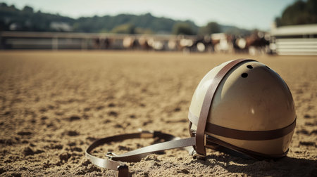 Close-up of a jockey helmet placed on leather straps, with a distant view of horses practicing in an equestrian arena.の素材