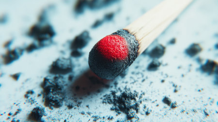 Close-up of a burnt matchstick glowing red at the tip, surrounded by scattered ash on a white surface, representing overwork and stress.の素材