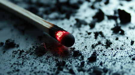Close-up of a burnt matchstick glowing red at the tip, surrounded by scattered ash on a white surface, representing overwork and stress.の素材