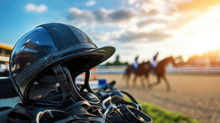 Jockey equipment, including a black helmet and leather reins, neatly stacked in front of a sunlit equestrian arena, blurred riders in the background.の素材