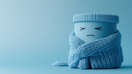 Sad-faced blue coffee cup with a scarf, sitting against a light blue backdrop. A visual metaphor for Blue Monday and emotional lows.の素材