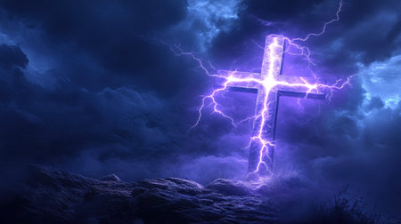 A cross, glowing with intense purple lightning, represents strong faith and divine wisdom on a dark backdrop, evoking power and reverence.の素材