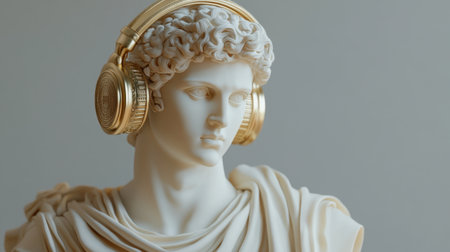 A classical sculpture with a regal expression, contrasting with gold headphones, creating a stylish blend of ancient art and modern techの素材