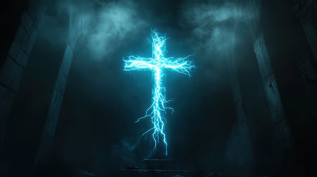 A cross glowing with blue lightning against a dark backdrop, representing powerful faith and spirituality, with an intense and visually striking effectの素材