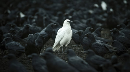 White crow standing alone in a group of black crows, symbolic of the black sheep or being an individual in a homogenous society.の素材