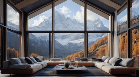 Luxurious living room interior with large windows offering a breathtaking view of mountains, highlighting relaxation and natural beautyの素材