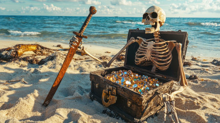 Pirate skeleton clutching a rusted sword beside an open treasure chest filled with sparkling gems on a sandy beachの素材