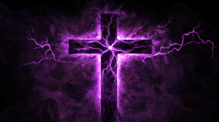 A cross, glowing with intense purple lightning, represents strong faith and divine wisdom on a dark backdrop, evoking power and reverence.の素材