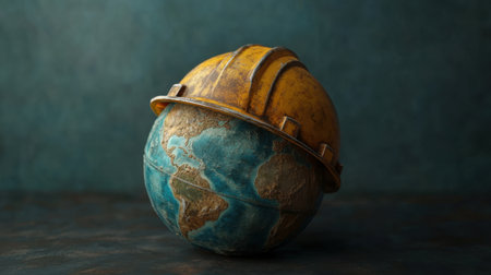 A globe wearing a protective helmet, symbolizing global commitment to workplace safety and health awareness. Ideal for safety campaigns and environmental health visualsの素材
