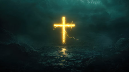 A cross illuminated by glowing yellow lightning on a dark background, representing the strength of faith and divine protection.の素材