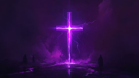 A cross illuminated by glowing purple lightning stands as a beacon of faith and spiritual insight against a dark background.の素材