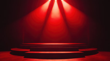 A cinematic award podium bathed in red spotlight, capturing the essence of film festival grandeur. Focus on winner announcementの素材