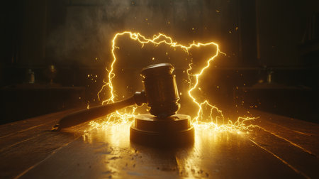 A judge hammer illuminated by flashes of yellow lightning on a wooden table, conveying the force and gravity of judicial authority.の素材