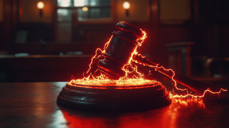 A gavel glowing with red lightning on a courtroom table, showcasing the intense, impactful nature of a judge final decision.の素材