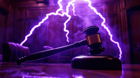 A judge's hammer on a courtroom table, surrounded by flashes of purple lightning, symbolizing the authority and decision-making power of justiceの素材