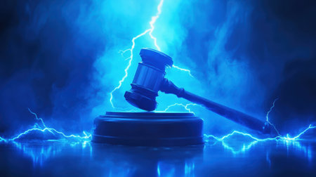 A judge hammer prominently displayed on a courtroom table, surrounded by blue lightning, representing the authority and power of the judicial system.の素材