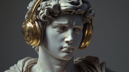 A classical sculpture with a regal expression, contrasting with gold headphones, creating a stylish blend of ancient art and modern techの素材