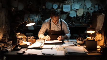 A man working tirelessly in a dimly lit office, the only light coming from a desk lamp illuminating papers and a laptop.の素材