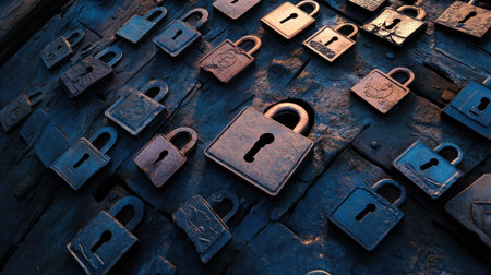 A user profile avatar shielded by multiple padlocks and encryption keys, representing secure online identity protection against cyber threats.の素材