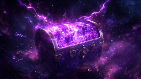 A treasure chest glows with purple lightning, symbolizing the preciousness of discovery and hidden wisdom, set in a dark, mystical background.の素材