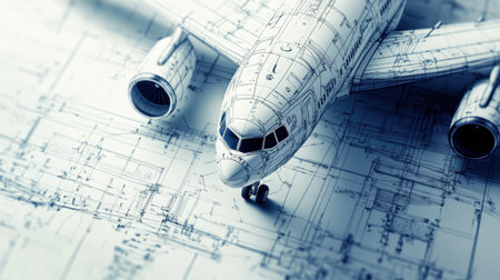 A precise aeronautical engineering blueprint, showcasing components of advanced aerospace technology. Technical design focusの素材