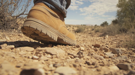Close-up of a shoe stepping on a sandy, rocky desert floor, capturing the sense of rugged exploration in a natural landscape.の素材