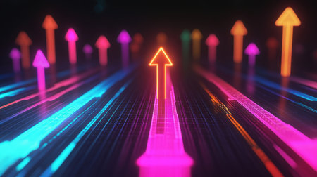 Colorful digital arrows shooting up, representing business success and financial growth. A perfect metaphor for upward momentumの素材