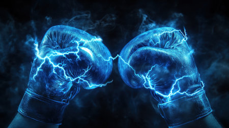 Boxing gloves glow with blue lightning, symbolizing a violent attack and knockout power, set against a dark, electric background.の素材