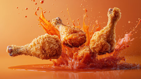 Crispy fried chicken legs splattered with hot sauce, frozen in a bold and energetic pose, focusing on the fiery color and spice.の素材