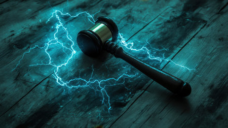 Blue lightning wraps around a judge hammer on a dark wooden table, illustrating the power and decisiveness of legal authority.の素材