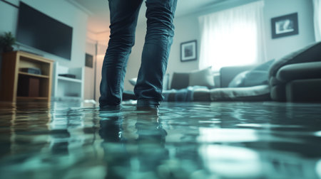 A view of a man standing in ankle-deep water inside a flooded living room, symbolizing the destruction and disruption caused by water damageの素材