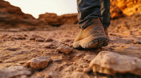 Close-up of a shoe stepping on a sandy, rocky desert floor, capturing the sense of rugged exploration in a natural landscape.の素材