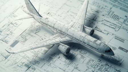 Close-up of an intricate engineering blueprint, displaying aeronautical components in great detail. Emphasis on advanced aerospace technologyの素材