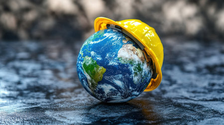Earth with a safety helmet on, promoting worldwide workplace safety, health awareness, and protective measures. A perfect symbol for global safety initiativesの素材