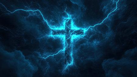 Glowing blue lightning surrounds a cross on a dark background, symbolizing faith and divine strength. A dramatic and powerful representation of religious convictionの素材