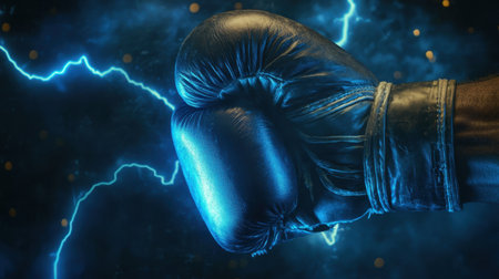 Blue lightning surrounds glowing boxing gloves, representing the force and aggression of a knockout punch in a dark, intense setting.の素材