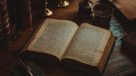 Blank open book, hardcover, laid on a wooden desk, embodying dark academia with its vintage aesthetic. Empty pages invite creativity in a warm, scholarly environmentの素材