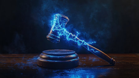 Blue lightning wraps around a judge hammer on a dark wooden table, illustrating the power and decisiveness of legal authority.の素材