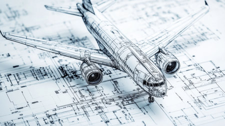 Detailed close-up of an aeronautical engineering blueprint, highlighting key aircraft components and modern aerospace innovationsの素材