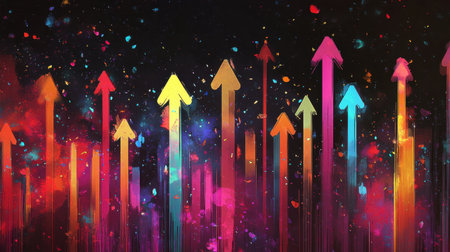 Colorful digital arrows shooting up, representing business success and financial growth. A perfect metaphor for upward momentumの素材