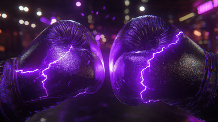 Boxing gloves glow with purple lightning, representing the mystical and violent force of a knockout punch, set in a dark, intense setting.の素材