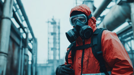 An engineer in full protective gear monitors pipeline integrity in an industrial site, ensuring operational efficiency and safety standards are met. Clean, industrial environmentの素材