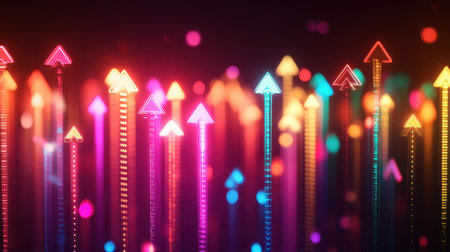 Bright digital arrows rise sharply, showcasing business growth, financial gains, and positive progress. Optimistic, futuristic settingの素材