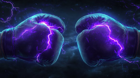 Boxing gloves glow with purple lightning, symbolizing a powerful and mystical knockout punch, set against a dark, electrifying background.の素材