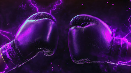 Glowing with purple lightning, boxing gloves convey the raw energy and intensity of a powerful attack, set against a dark backdropの素材