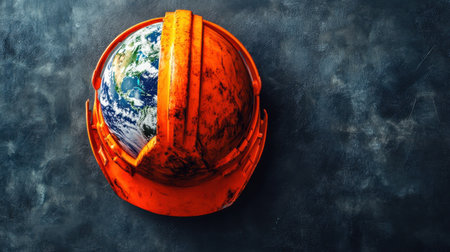 Earth with a safety helmet on, promoting worldwide workplace safety, health awareness, and protective measures. A perfect symbol for global safety initiativesの素材