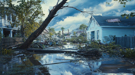 Florida storm damage in an affluent neighborhood, highlighting roof damage, fallen trees, and water-soaked property. A vivid depiction of the storm's destructive forceの素材