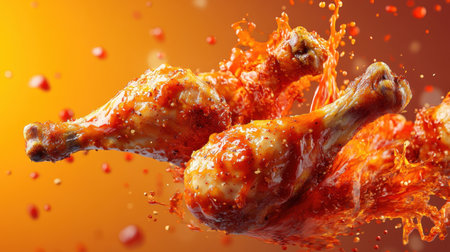 Fried chicken legs with hot sauce splashing in a dynamic pose, emphasizing the spicy, bold flavors on a bright background.の素材