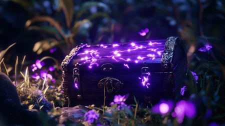 Glowing with purple lightning, the treasure chest symbolizes the value of discovery and the mystery of the unknown, in a dark, magical setting.の素材