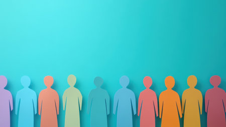 A row of colorful paper human shapes against a vivid turquoise background, highlighting equality and togetherness.の素材